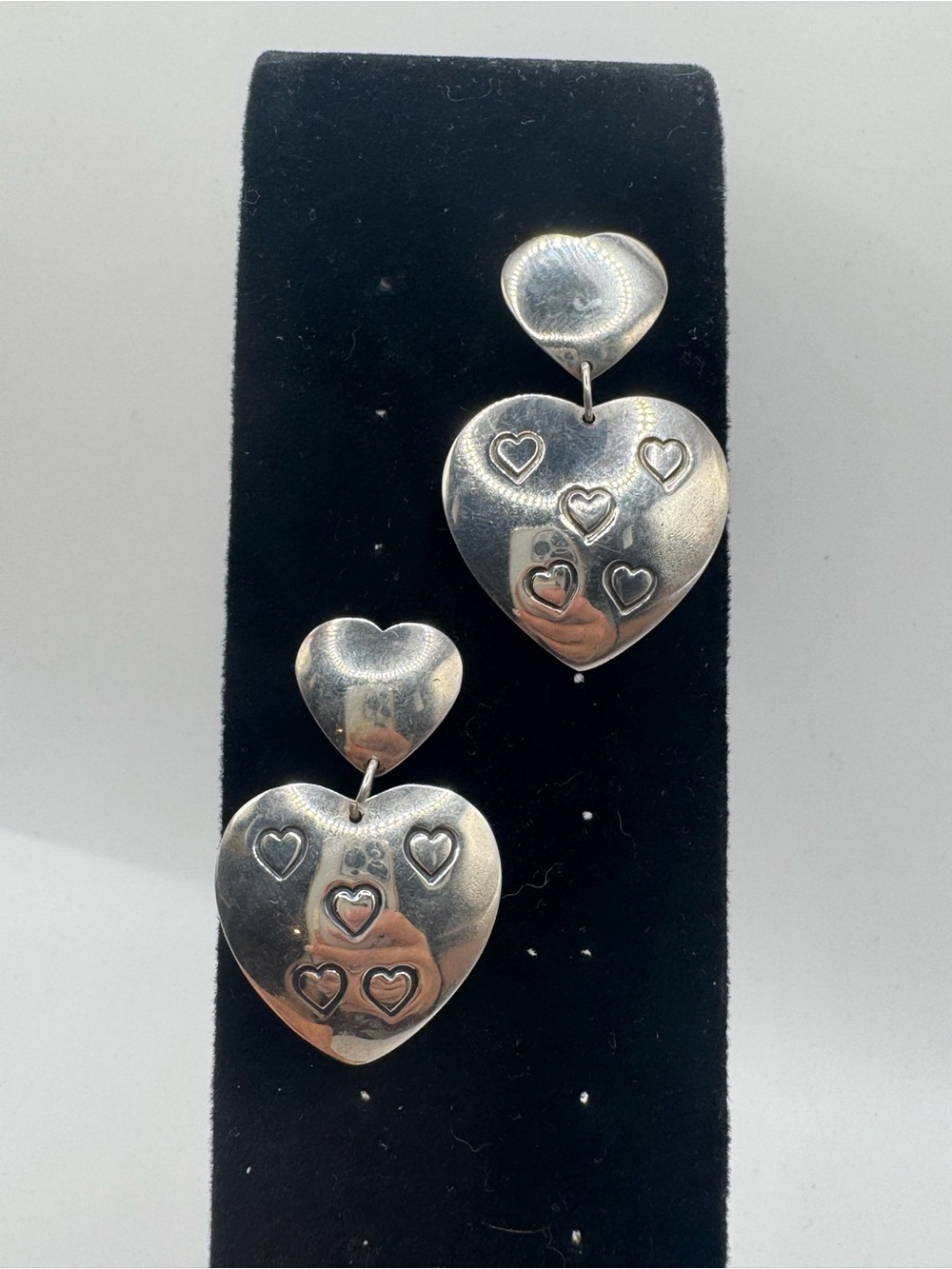 Sterling Silver Heart Drop etched Hearts Earrings